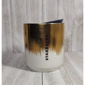 Starbucks Coffee 2020 Holiday Gold White Ceramic Tumbler Mug Cup 8 oz & Lid